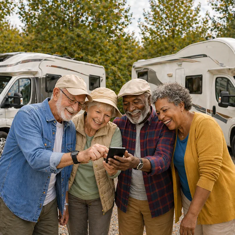 Groupe d'amis âgés en camping-car